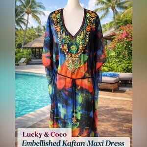 Lucky & Coco Embellished Kaftan Maxi Dress Beaded Boho Resort Cover Up L